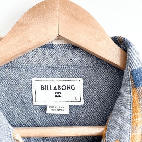 Billabong Men's Yellow Plaid Flannel Two Pockets Buttons Up Long Shirt Shacket L - Picture 3 of 7